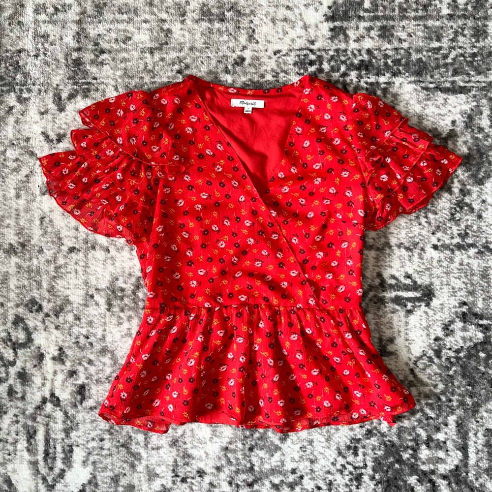 Madewell Tiered-Sleeve Peplum Top in Metallic Prairie Posies
